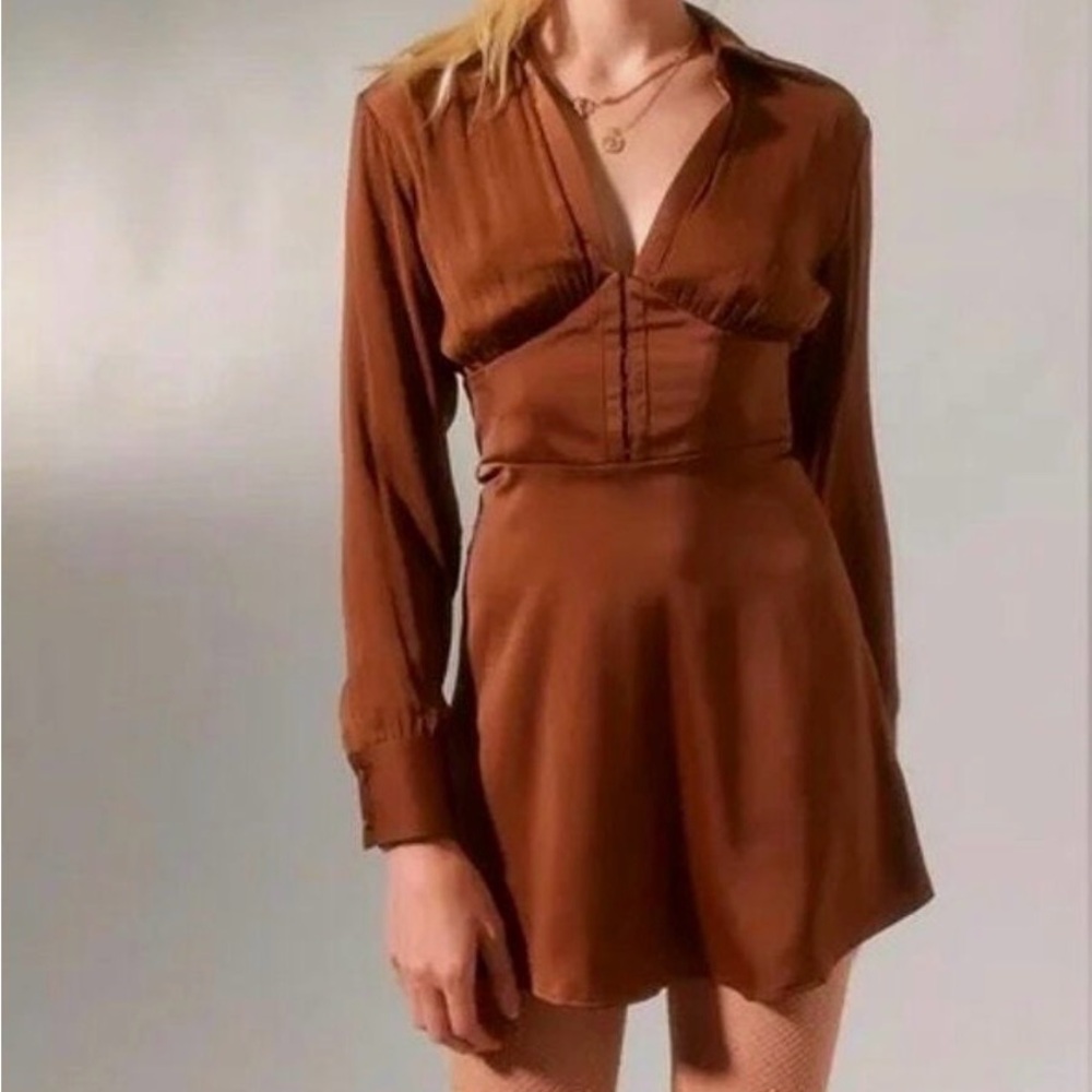 Urban Outfitters Phoebe Corseted Brown Shirt Dress Size Small